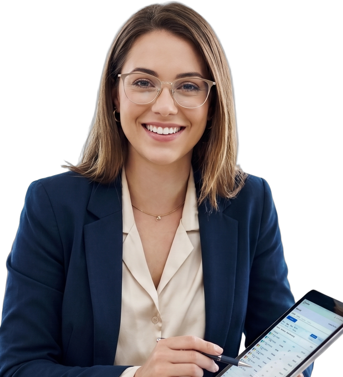 Contadora sorrindo com tablet no escritório